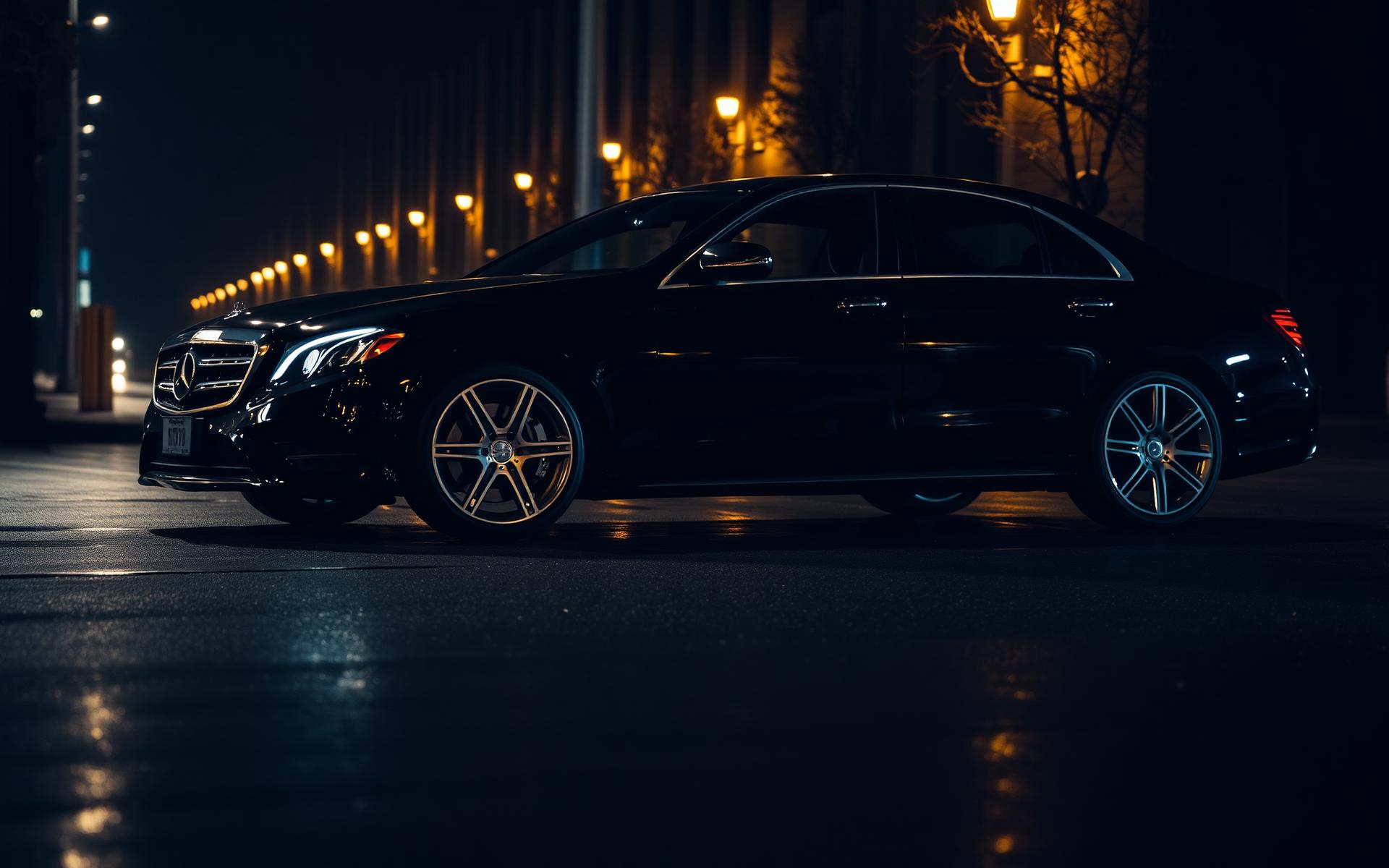 Luxury black chauffeur car at night